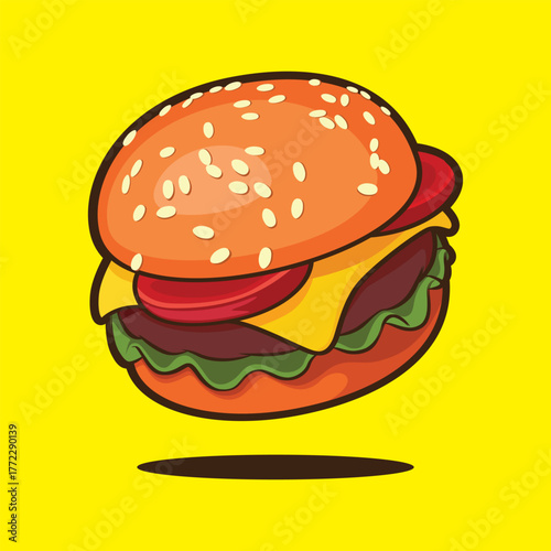 Vector illustration of a delicious cheeseburger with lettuce, tomato, cheese, and sesame bun on bright yellow background