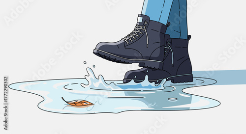 Person stepping joyfully in slush wearing boots, outdoor scene with water and leaves