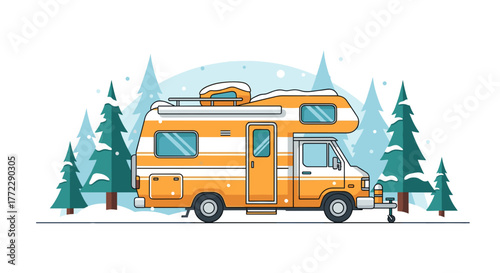 Campervan in snowy woods with a cozy atmosphere surrounded by trees copy space