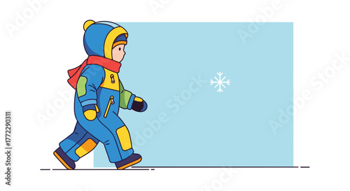 Child in snowsuit walking with a happy expression in a winter background copy space