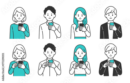 スマホを持つ･操作する若い男女のセット【人物ベクターイラスト素材】
