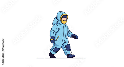 Child in snowsuit walking with determination 