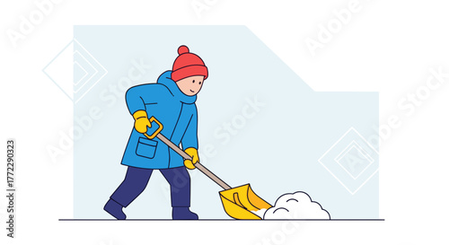 Child shoveling snow with focus in blue winter coat and red hat