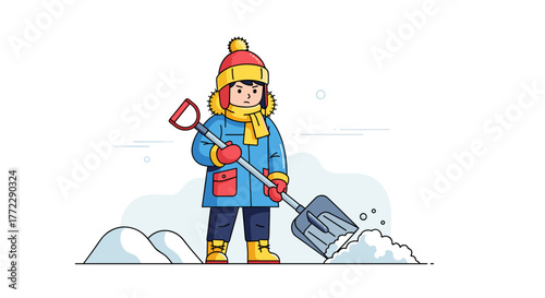Child shoveling snow with determination in winter coat and hat