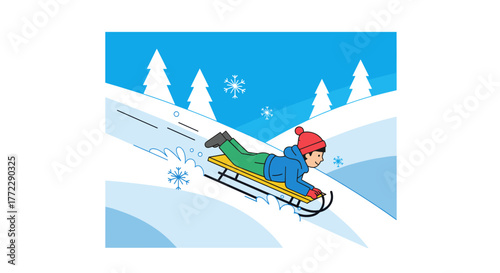 Child sledding downhill with excitement in winter landscape