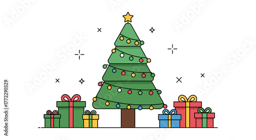 Christmas tree decorated with lights and gifts in festive style