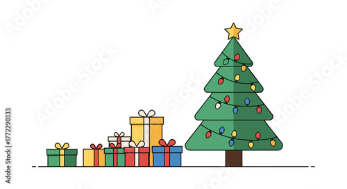 Christmas tree with lights and presents, festive decoration, holiday spirit, colorful theme, copy space