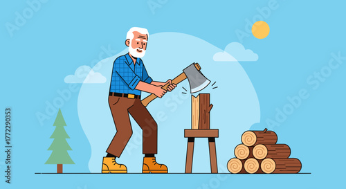 Elderly man chopping wood, active retirement, outdoor activity, blue sky background, copy space