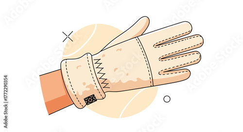 Hand in fleece glove, cozy accessory, winter fashion, warm colors, copy space