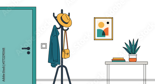 Hat hanging in hallway, minimalist design, modern interior, light colors, copy space