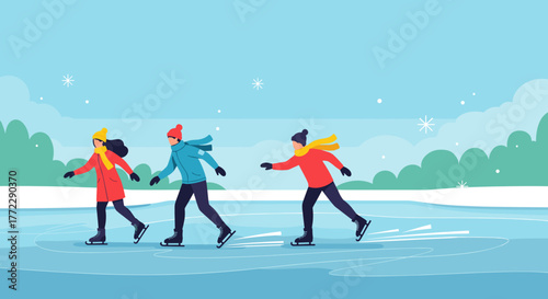 Group of skaters on a frozen pond enjoying a winter day