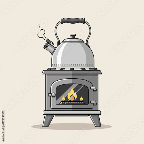 Kettle on an iron stove with a cozy warm atmosphere