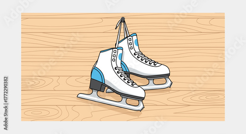 Figure skates hanging on a wooden wall with a minimalist design