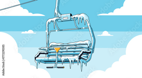 Ice on ski lift chair with a blue sky and fluffy clouds background
