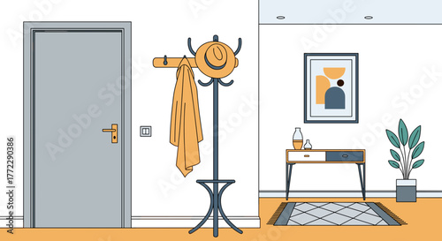 Hat hanging in a stylish hallway with modern decor and warm colors