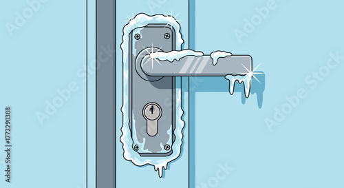Frozen door lock with ice and frost on a blue background