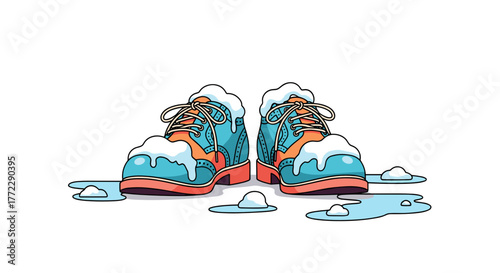 Melting snow on colorful shoes in winter
