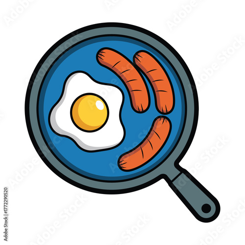Fried breakfast vector illustration Frying pan with egg and sausages Top view morning meal simple graphic design