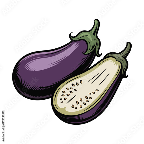 Whole and sliced eggplant vector illustration vintage vegetable drawing healthy food ingredient market produce sketch