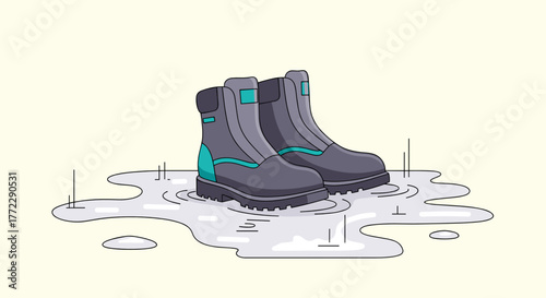 Stylish waterproof boots standing in puddles for wet weather conditions