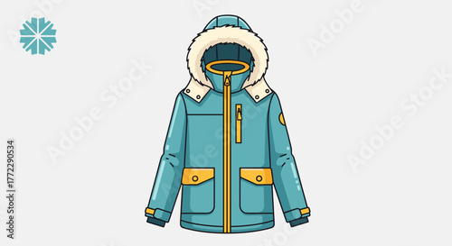 Stylish winter jacket with fur-lined hood and pockets in vibrant blue and yellow