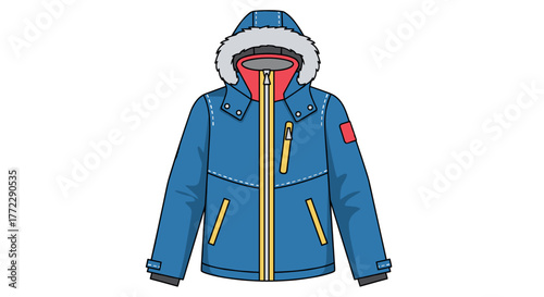 Vibrant winter jacket with fur-lined hood and colorful accents for cold weather