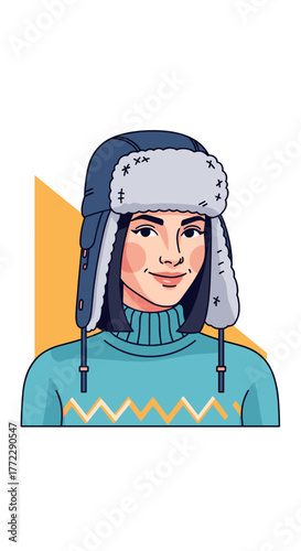Stylish woman wearing a trapper hat and cozy sweater in vibrant design