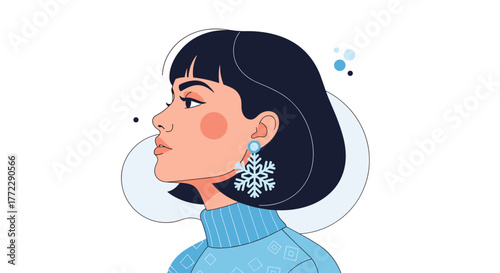 Stylish woman portrait in winter fashion with snowflake earrings and a sweater