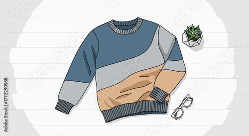 Stylish wool sweater laid on wooden floor with plant and glasses in casual setting