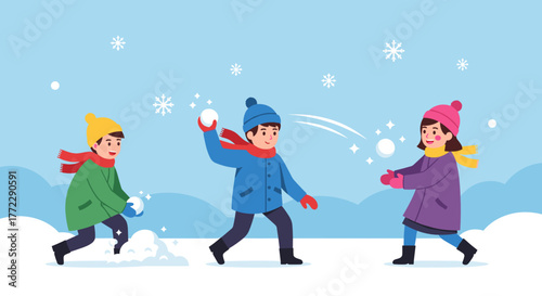 Children in winter mood throwing snowballs and playing in snow-covered landscape