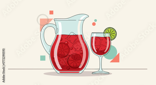 Refreshing red beverage in glass pitcher with lime slices and glass on light beige background