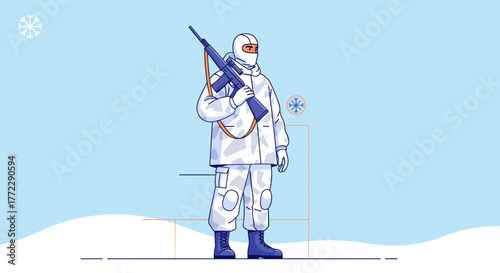 Soldier in winter mood wearing white camouflage holding rifle in snowy background