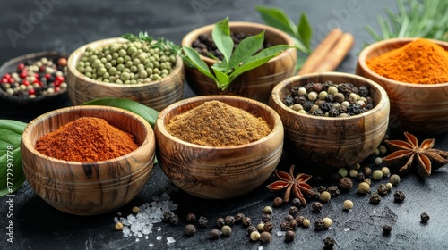 Vibrant traditional spices and herbs in wooden bowls on dark stone surface for eastern cuisine © bborriss