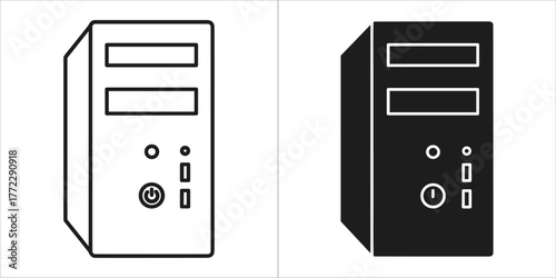 Desktop computer case icon, in black and white