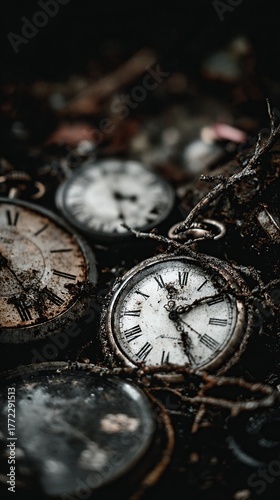 Broken Vintage Clocks Ground Branches Growing Dark Roots Decay Scene