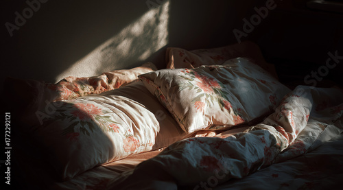 A bed with a pillow, bathed in gentle morning light. Concept of morning awakening, sweet dreams, and sleep hygiene.	