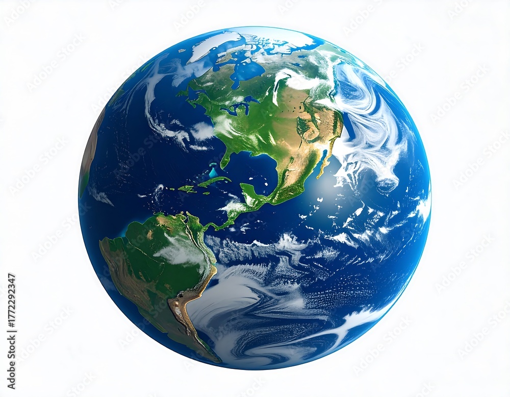 Obraz premium A detailed digital rendering of Earth, showcasing continents and swirling white clouds, isolated