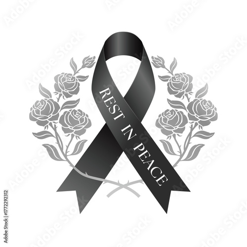 Black ribbon with Rest in peace text and bouquet of roses crossed around vector design