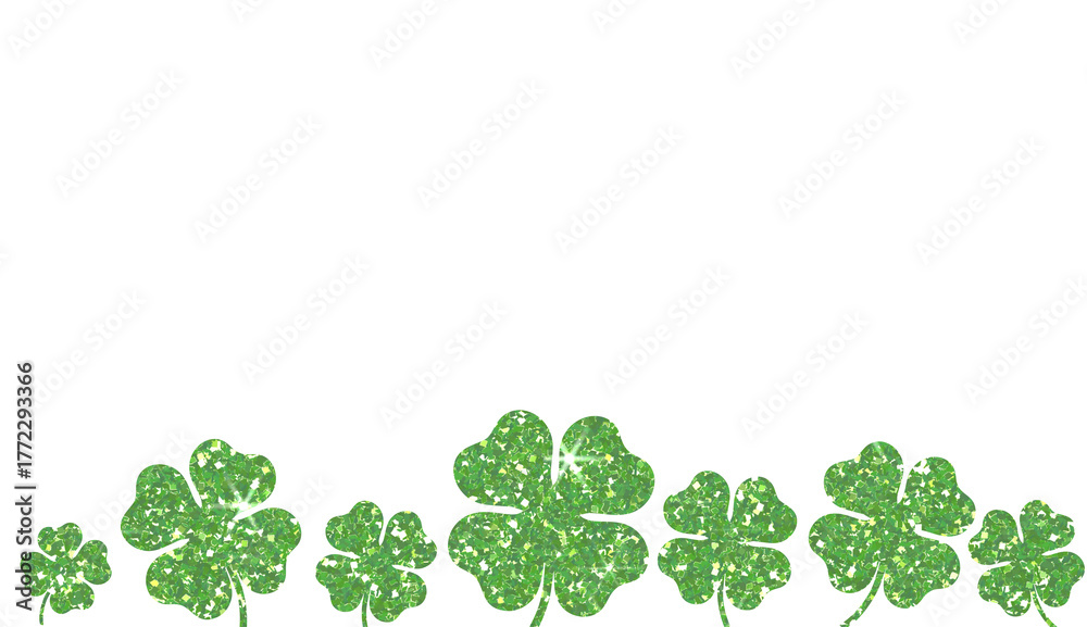 Fototapeta premium Green Glitter Four-Leaf Clover and Shamrock Border
