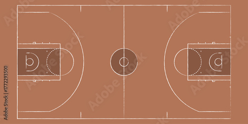 Basketball court top view with realistic wood texture and markings. Indoor arena floor for sport match, training, or team strategy. Perfect background for game or gym design elements. Vector illustrat