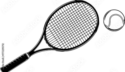 tennis racket and ball, vector illustration, black and white

