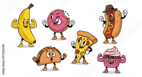 Collection of Funny Cartoon Characters Strong and Muscular Food Items Flexing Biceps with Big Smiles