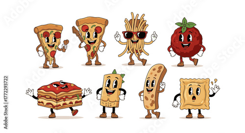 Delightful and Funny Cartoon Characters of Classic Italian Food and Snacks, bringing a cheerful and playful retro vibe to your designs