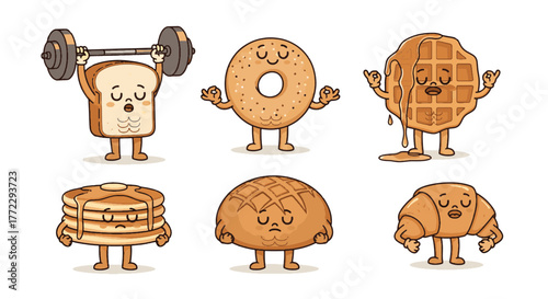 Funny Cartoon Characters A delightful collection of anthropomorphic breakfast foods engaged in humorous fitness and zen activities