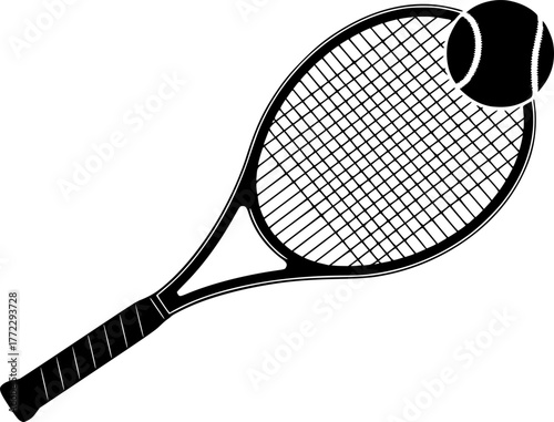 tennis racket and ball, vector illustration, black and white

