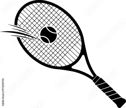 tennis racket and ball, vector illustration, black and white


