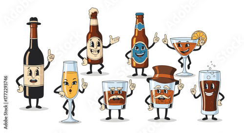 A delightful collection of Funny Cartoon Characters bringing various alcoholic beverages to life with cheerful expressions