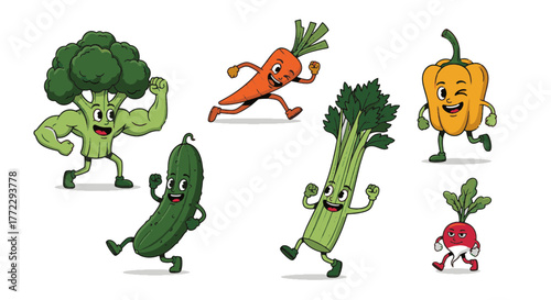 Dynamic and funny cartoon characters of fresh, healthy vegetables running, flexing, and winking, promoting healthy eating and active fun