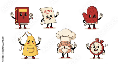 Whimsical and Funny Cartoon Characters embodying essential kitchen elements and culinary themes for design projects