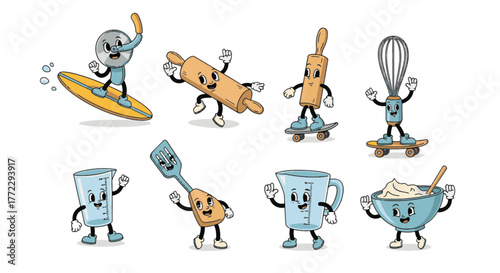 Cheerful and Funny Cartoon Characters Illustrated as Lively Kitchen Utensils Engaging in Playful Activities